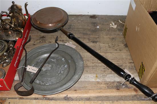 Copper warming pan, tongs, 18C Cont pewter charger & a pewter plate